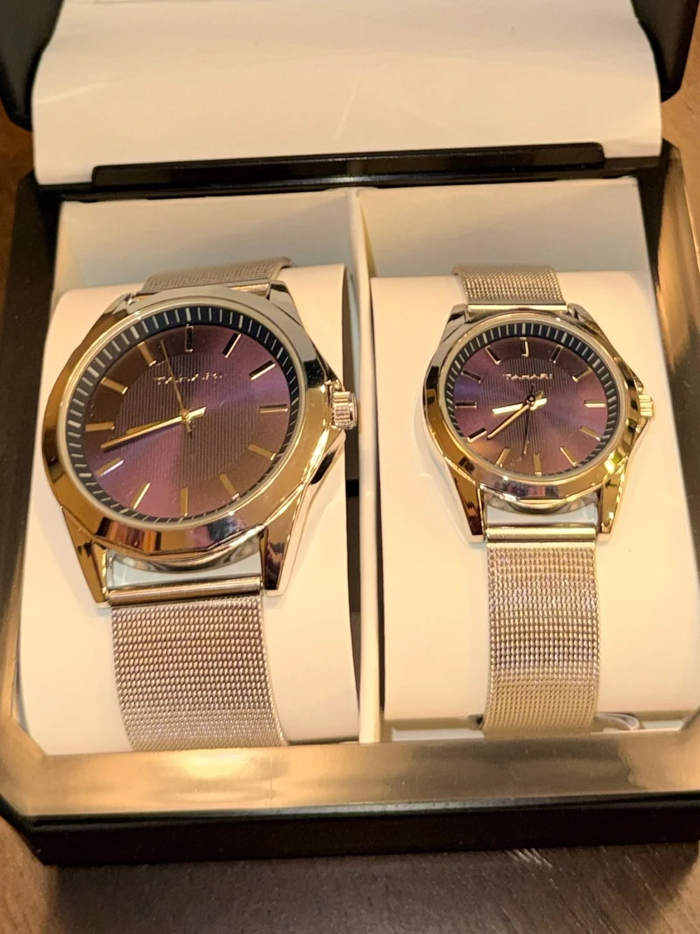 NIB Tahari -Watch Set Silver Mesh Mesh Band Purple Sunburst Dials His & Hers